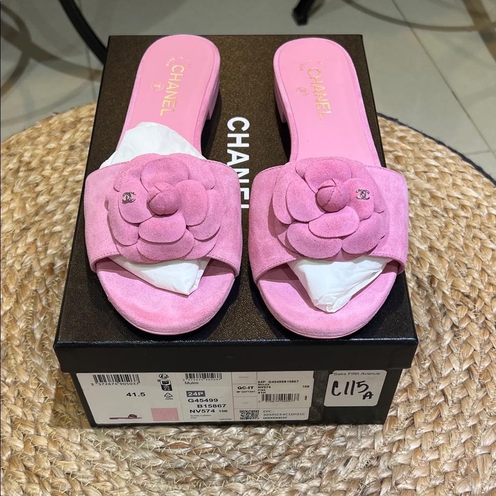 CHANEL Pink Camellia Slide Sandals